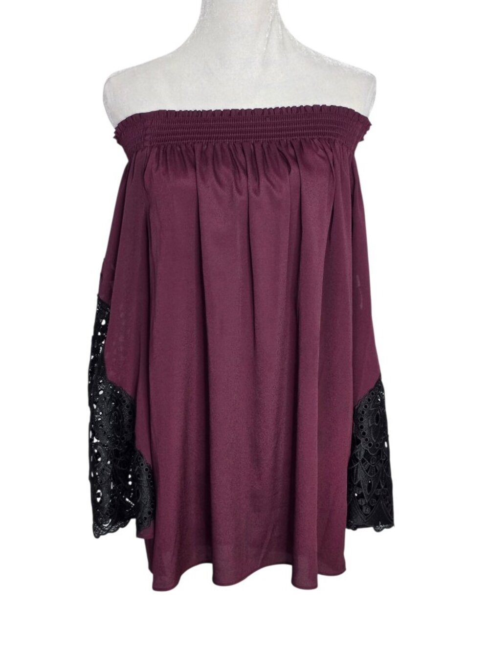 Kobi Women's Off The Shoulder Burgundy Blouse w Crochet Lace Sleeves Size Large - Picture 2 of 11